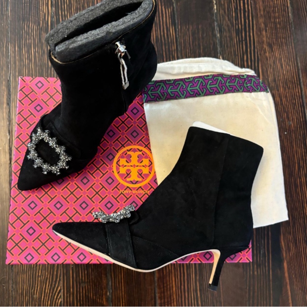 Tory Burch Black Heeled Boots with Crystal Detail